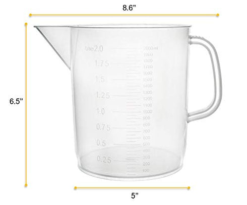 EISCO Plastic Pitcher, 2000mL (2L) - Short Form, Euro Design - Molded Graduations - Chemical Resistant & Autoclavable Polypropylene - Measuring Ju...