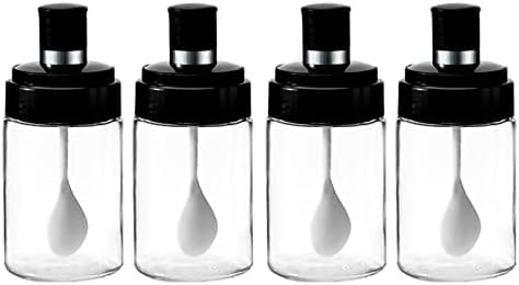 Kitchen Clear glass Spice Jars Seasonning Box Set of 4 with Spoons, Seasoning Containers Bottles with Black Cap,10oz for Home and Kitchen (4)...