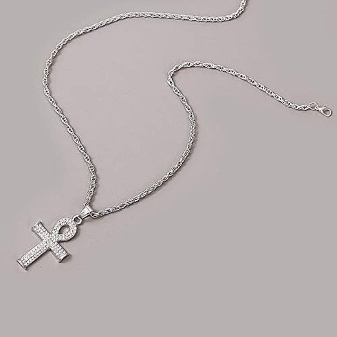 COLORFUL BLING Ankh Egyptian Cross Pendant Necklace 14K Gold Plated Cubic Zirconia Iced Out with Crystal 24 Inches Brass Rope Chain for Men and Wo...