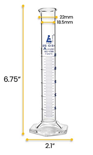 EISCO Graduated Cylinder, 25ml - Class A Tolerance ±0.25ml - Hexagonal Base - Blue Graduations - Borosilicate 3.3 Glass...
