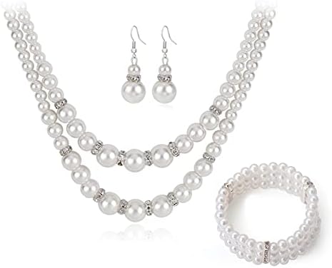 COLORFUL BLING 1920s Classic Faux Pearls Necklace Multi-Layer Strand Bracelet Dangle Earrings Set Beads Accessories Wedding Costume Party Jewelry ...