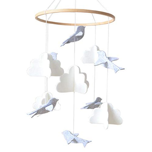 Baby Crib Mobile (Birds and Clouds) - Nursery Decor Ceiling Mobile for Boys & Girls - Crib Accessories - Grey & White...