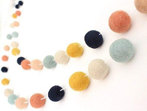 "Arizona" Handmade Wool Felt Ball Garland by Sheep Farm Felt- Coral, Mint, Navy, Mustard, Peach & Cream Felt Ball Garland, Pom Pom Garland. 1 inch...