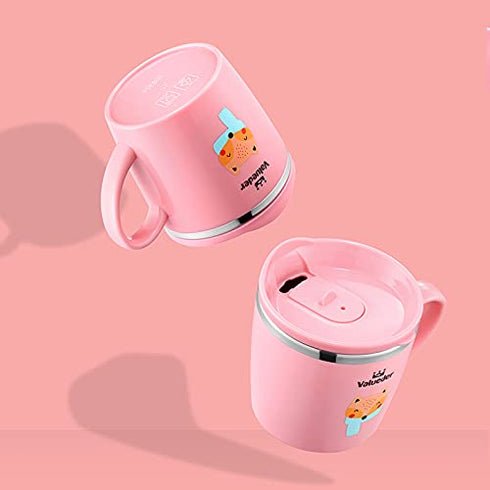 Baby Kids Toddler Sippy Cup Mug for Milk, Coffee, Stainless Steel Trainer Straw Cup with Lid, Fox, 7oz/Pink...