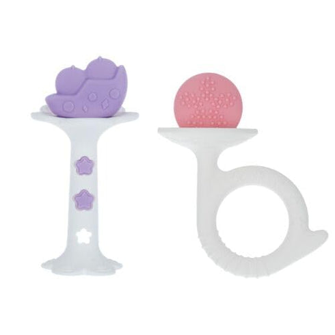 Nuby Silicone Fun Teethers - (2-Pack) Baby Teething Toy - Chick and Tuba Shapes - 3+ Months - Purple and Pink...