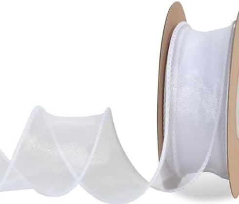 TONIFUL 1-1/2 Inch Wide White Wired Chiffon Ribbon Sheer Organza Ribbons for Crafts Floral Bouquets Wedding Car Party Decorations Valentine's Day ...