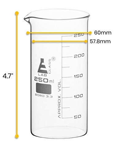 EISCO Beaker, 250ml - Tall Form with Spout - White, 25ml Graduations - Borosilicate 3.3 Glass...