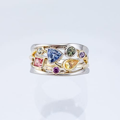 LRESJJIUJ 925 Sterling Silver Geometrical Colorful Moissanite Band Womens Shiny Full Diamond Rainbow Gemstone Ring Multi Row Wave Shape Eternity E...