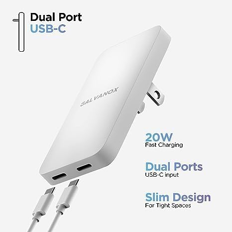 Flat 2-Port USB C Wall Charger, Ultra Slim Dual Power Adapter with Type-C Cable (20W) Fast Charging for iPhone 15, Pro Max/Samsung Galaxy Models (...