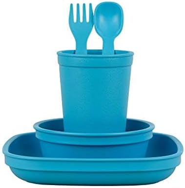Re-Play Kids Dinnerware Set - 10 oz. Open Cup, 7" Flat Plate, 12 Oz. Bowl, Rounded Tip Fork and Deep Scoop Spoon - Dishwasher/Microwave Safe - Mad...