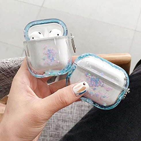 UnnFiko Bling Quicksand Case Compatible with AirPods 1 & 2, Cute Sparkle Liquid Protective Case, Funny Creative Hard Clear Airpods Cover with Keyc...