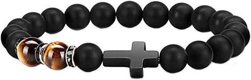 YangQian Cross Bracelet for Men Tiger Eye Catholic Rosary Bracelet for Men Boys Adjustable Natural Crystal Stone Bead Anti Anxiety Stretch Bracele...