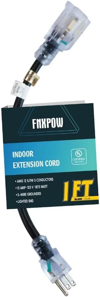 1 ft Lighted Outdoor Extension Cord - 12/3 SJTW Heavy Duty Black Extension Cable with 3 Prong Grounded Plug - 15AMP Power Cord for Lawn, Garden, A...