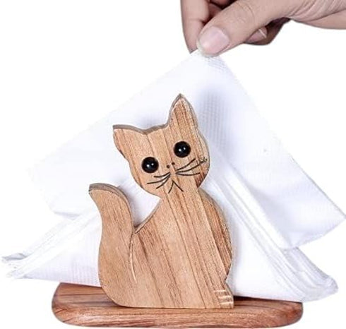 FRESCORR - Handmade Real Wood Cat Shape Napkin Holder 6.5 inches, (Light Wood)...