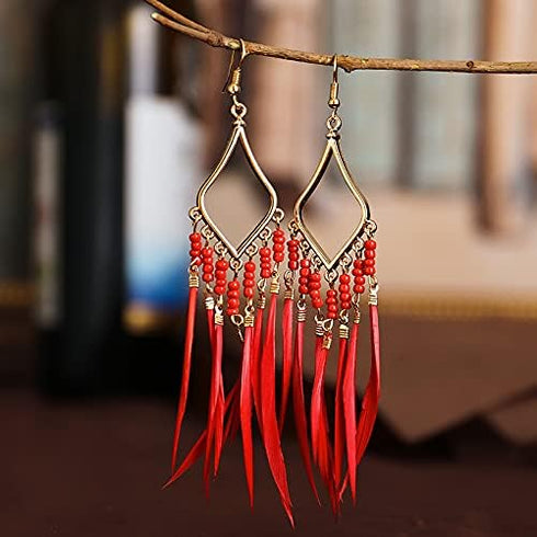 2/6 Pairs Bohemian Earrings Set Feather Tassel Gold Ethnic Retro Boho Dangle Earring Bead Jewelry Birthday Party Gifts for Women Teen Girls...