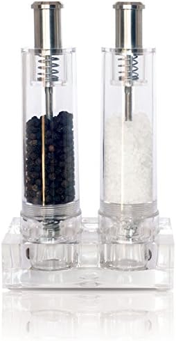 Modern Push Button Salt and Pepper Grinder Set, Grind Gourmet Pump and Grind Sea Salt and Pepper Mill Set with Stand, Refillable Grinder...
