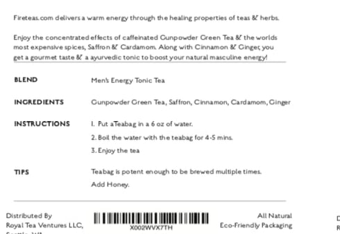 FIRE TEAS Men's Energy Tonic Tea - Gunpowder Green Tea, Cardamom, Cinnamon, Ginger, Saffron - Power Tea for Men-...