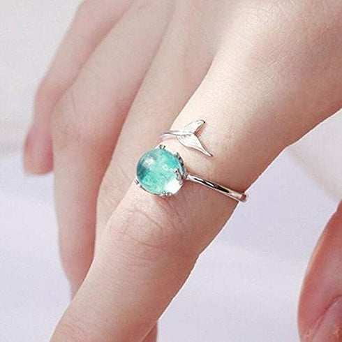 GRAEEN Crystal Mermaid Rings Asjuatable Open Ring Leaf Ring Fish Tail Band Ring Silver Eternity Ring Jewelry for Women...