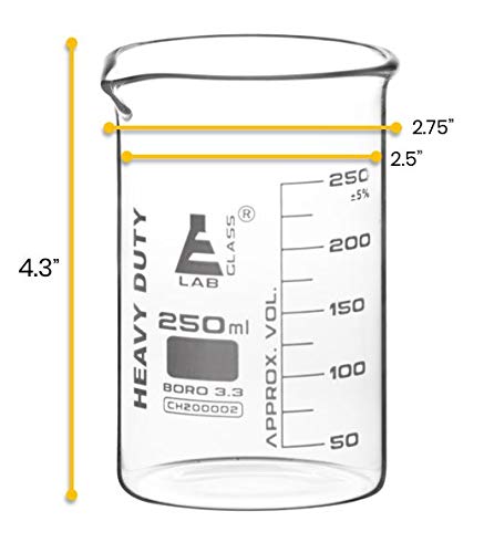 EISCO Heavy Duty Beaker, 250ml - 5mm Thick, Uniform Walls - Superior Durability & Chemical Resistance - White Graduations - Borosilicate 3.3 Glass...
