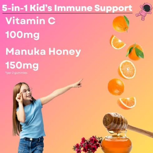 5-in-1 Kid's Immune Support Gummy, Manuka Honey, Vitamin C, Zinc, Echinacea, Ginger, Gummy Supplement, Essential Immune Support Gummies for Daily ...