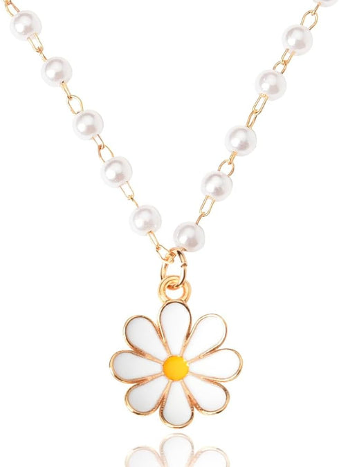 Daisy Flower Necklace White Pearl Necklaces for Women Girls Daisy Pendant Necklace Boho Sunflower Necklaces Pearl Chain Necklace for Women Flower ...