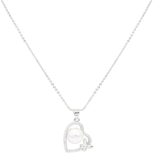 Lavencious CZ and Pearl Heart and Butterfly Shape Pendant Necklace and Cluster Earrings Jewelry Set for Women...