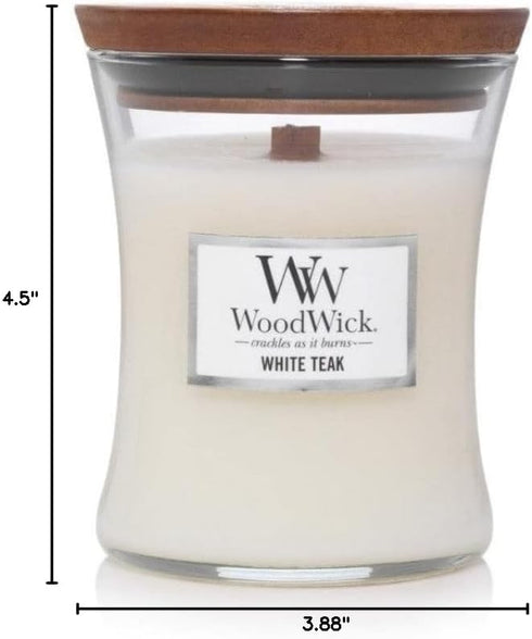 WoodWick Medium Hourglass Candle White Teak - Premium Soy Blend Wax Pluswick Innovation Wood Wick Made in USA...