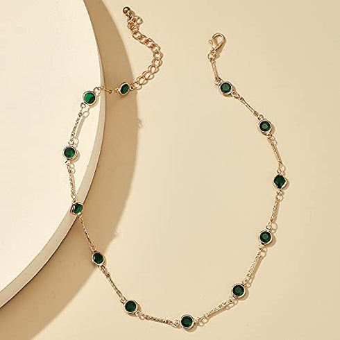 Bohemian Green Crystal Choker Necklace Tiny Emerald Station Chain Necklace Dainty Satellite Necklace Gorgeous Wedding Jewelry Gift for Women Teens...