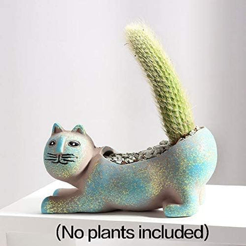 123Arts Ceramic Cat Shape Planter Succulent Pot Retro Flower Pot Cat Ornament...