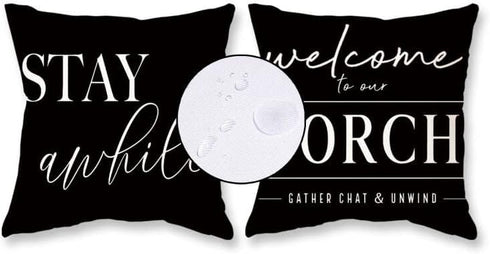 Outdoor Pillow Covers Waterproof 18x18 Set of 2 Black and White Decorative Welcome to Our Porch Stay Awhile Cushion Cases for Patio Furniture Sofa...