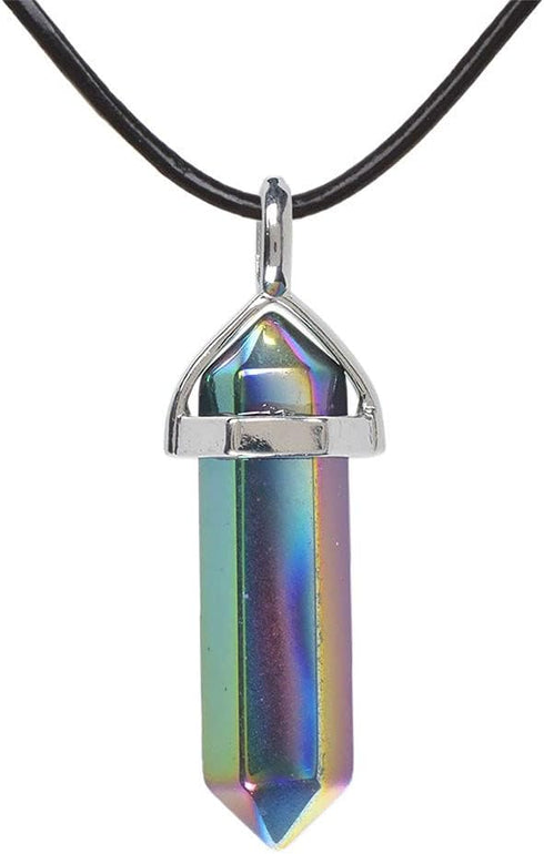 Justinstones Natural Gemstone Hexagonal Pointed Reiki Chakra Pendant Genuine Leather Necklace 18"...