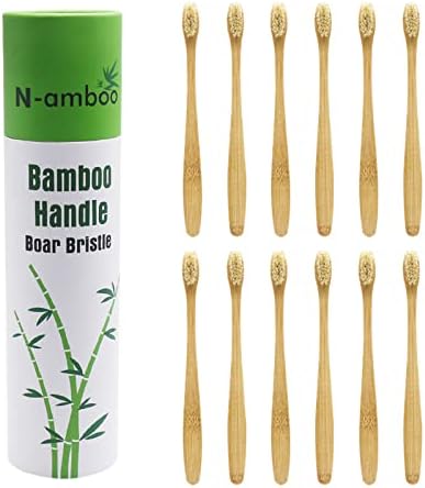 Boar Bristles Natural Bamboo Toothbrush Eco-Friendly Biodegradable Zero Waste Pack of 12...