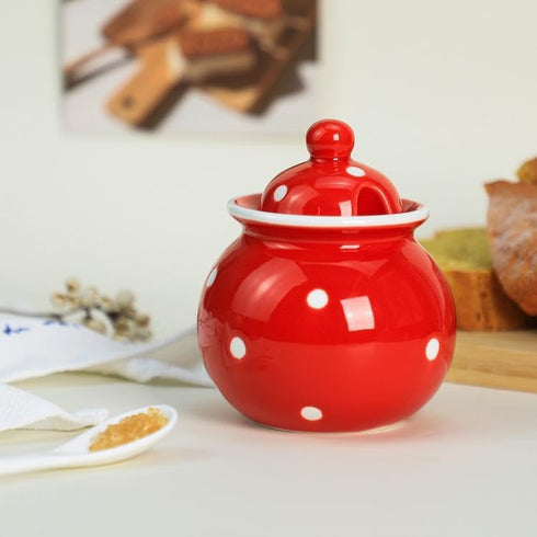 123Arts Ceramics Dot Sugar Salt Pepper Storage Jar Seasoning Pot with Lid And Spoon...