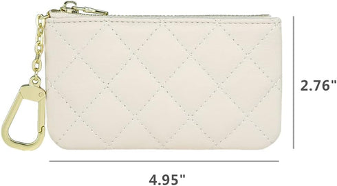 Premium Genuine Full Grain Leather Mini Coin Purse Keychain Pouch Card Holder for Men Women (Beige Quilted - LG)...