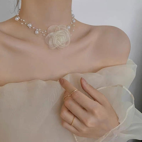 Vintage Camellia Flower Choker Necklace Pearl Lace Flower Tie Cravat Necklace Bride Wedding Party Summer Necklaces for Women...