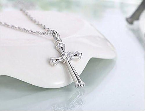Fashion Jewelry 925 Sterling Silver Inlaid Crystal Cubic Zirconia Cross Pendant Necklace...