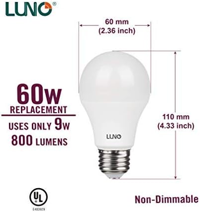 LUNO A19 Non-Dimmable LED Bulb, 9.0W (60W Equivalent), 800 Lumens, 4000K (Neutral White), Medium Base (E26), UL Certified (8-Pack)...