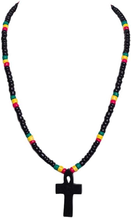 BlueRica Black Wood Ankh Pendant on Rasta Coconut Shell Beads Necklace (18")...