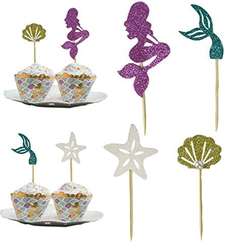 24 pcs Mermaid Cupcake Toppers for Baby Shower Birthday Party Supplies Under The Sea Party Cake Decorations...