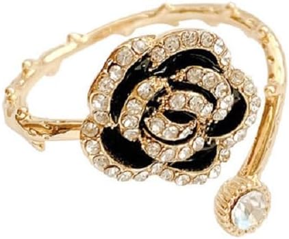 Vivid Black Rose Flower Open Statement Rings for Women CZ Crystal Blooming Wrap Finger Band Engagement Wedding Stacking Ring...