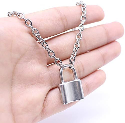 7th Moon Lock Pendant Necklace Statement Long Chain Punk Multilayer Choker Necklace for Women (Silver)...