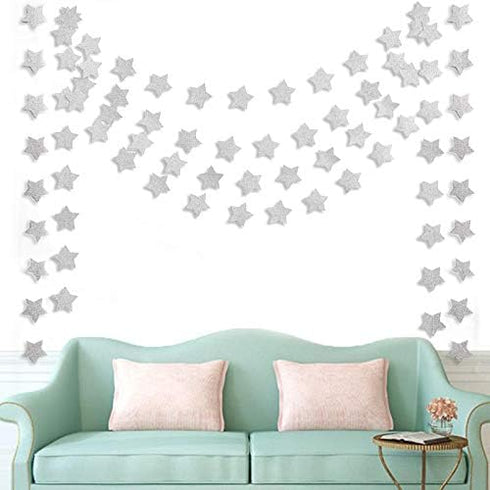6 Pcs Glitter Silver Star Paper Garland Christmas Birthday Party Decorations Sparkling Bunting Banner Hanging Decorations for Bridal Shower Baby S...