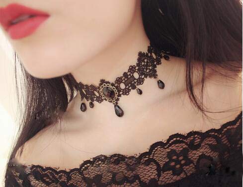 Kercisbeauty Black Lace Choker Gothic Necklace with Crystal for Women and Girls Halloween Party Custume Vintage Thick Choker...