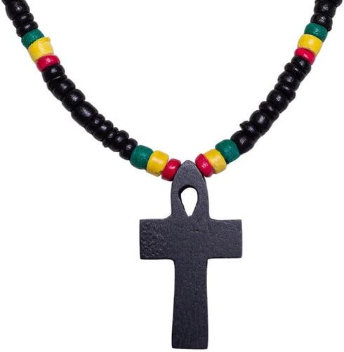 BlueRica Black Wood Ankh Pendant on Rasta Coconut Shell Beads Necklace (18")...