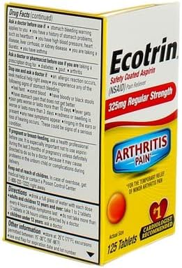 Ecotrin Regular Strength Aspirin, Arthritis Pain Relief, 325mg Regular Strength, 125 Safety Coated Tablets...