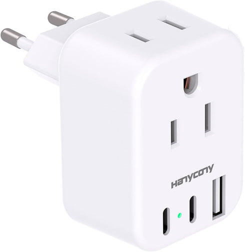 European Travel Plug Adapter USB C, International Plug Adapter, US to Europe Plug Adapter with 2 Outlets 3 USB Ports(2 USB C), Type C Power Adapte...