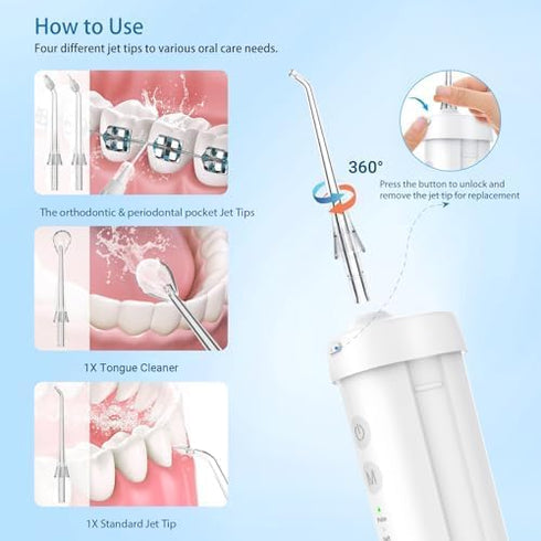 NewWay Water Dental Flosser for Teeth, Portable and Rechargeable Oral Irrigator with 4 Flossing Tips Waterproof Teeth Cleaner Picks for Home Trave...