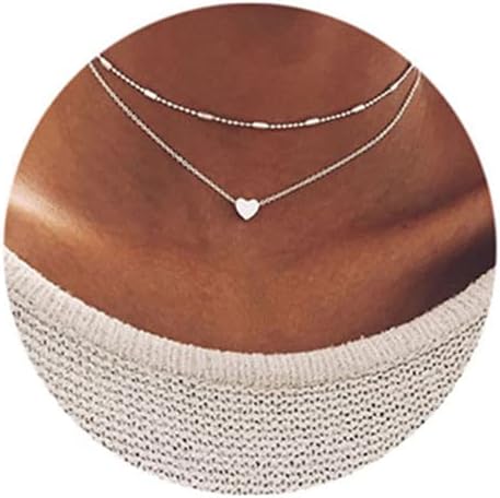Love Heart Layered Choker Necklace Silver Simple Beads Pendant Necklace Simple Chain jewelry for Women...