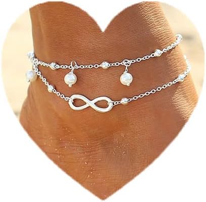 Boho Infinite Anklet Bracelets Pearl Layered Anklet Chain Silver Beach Foot Jewelry for Women...