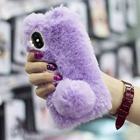 iPhone 11 Case Cute, Luxury Bling Diamond Soft Warm Fluffy Rabbit Fur Cover Winter Handmade Bunny Hair Plush with Crystal Bowknot Protective Case ...
